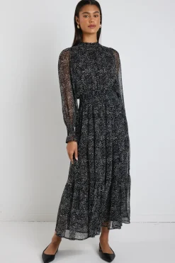 Ivy + Jack Ebony Black Grey Spot LS Shirred Neck Midi Dress