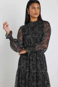 Ivy + Jack Ebony Black Grey Spot LS Shirred Neck Midi Dress