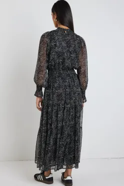 Ivy + Jack Ebony Black Grey Spot LS Shirred Neck Midi Dress