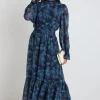 Ivy + Jack Ebony Blue Smudge LS Shirred Neck Midi Dress
