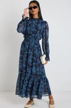 Ivy + Jack Ebony Blue Smudge LS Shirred Neck Midi Dress