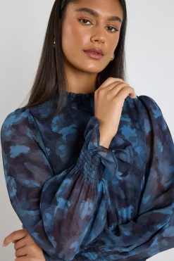Ivy + Jack Ebony Blue Smudge LS Shirred Neck Midi Dress