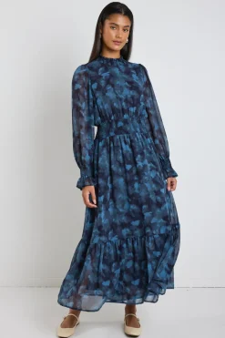 Ivy + Jack Ebony Blue Smudge LS Shirred Neck Midi Dress