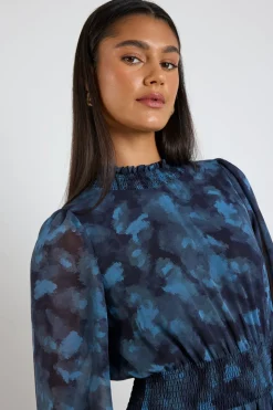 Ivy + Jack Ebony Blue Smudge LS Shirred Neck Midi Dress