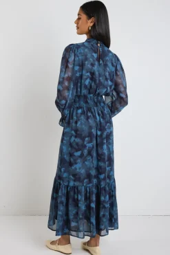 Ivy + Jack Ebony Blue Smudge LS Shirred Neck Midi Dress