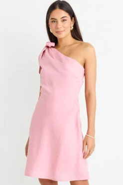 Georgia Mae Ecstatic Blush Linen Blend One Shoulder Bow Mini Dress