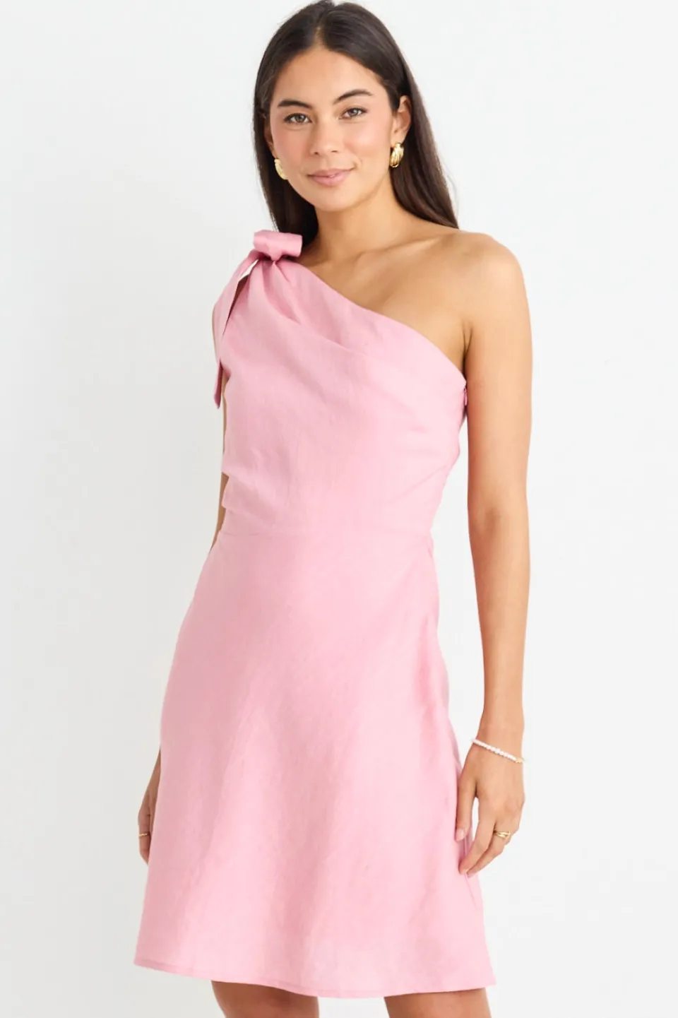 Georgia Mae Ecstatic Blush Linen Blend One Shoulder Bow Mini Dress