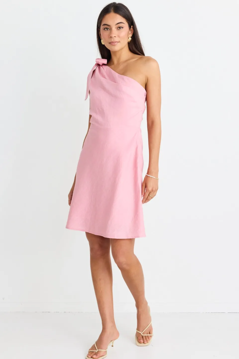 Georgia Mae Ecstatic Blush Linen Blend One Shoulder Bow Mini Dress