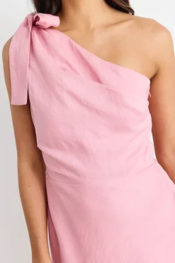 Georgia Mae Ecstatic Blush Linen Blend One Shoulder Bow Mini Dress