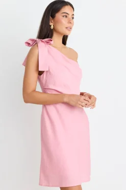 Georgia Mae Ecstatic Blush Linen Blend One Shoulder Bow Mini Dress