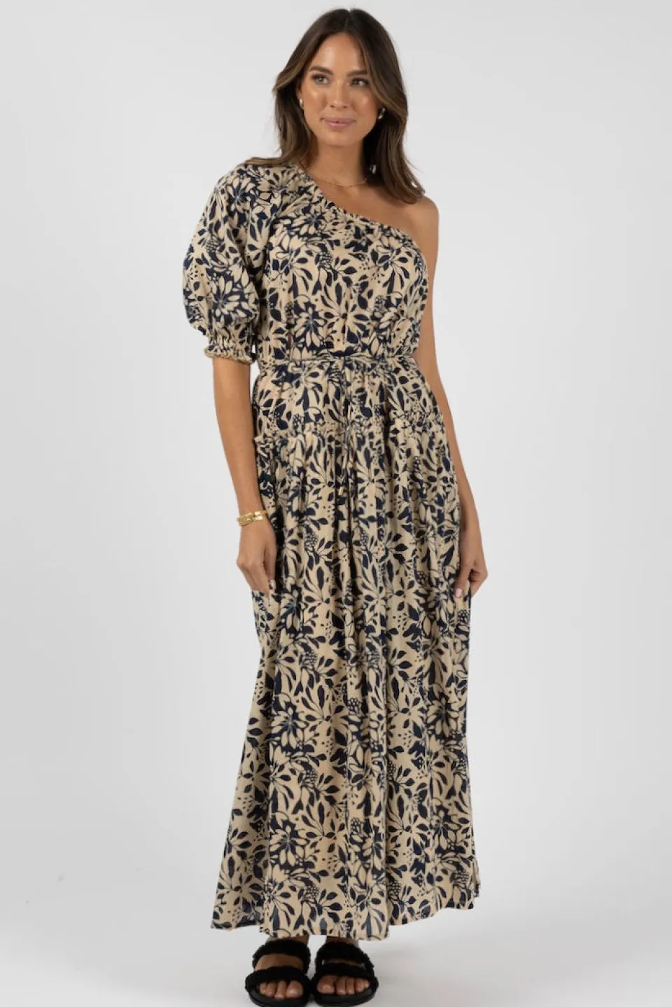 Humidity Lifestyle Eden Navy Print One Shoulder Midi Dress