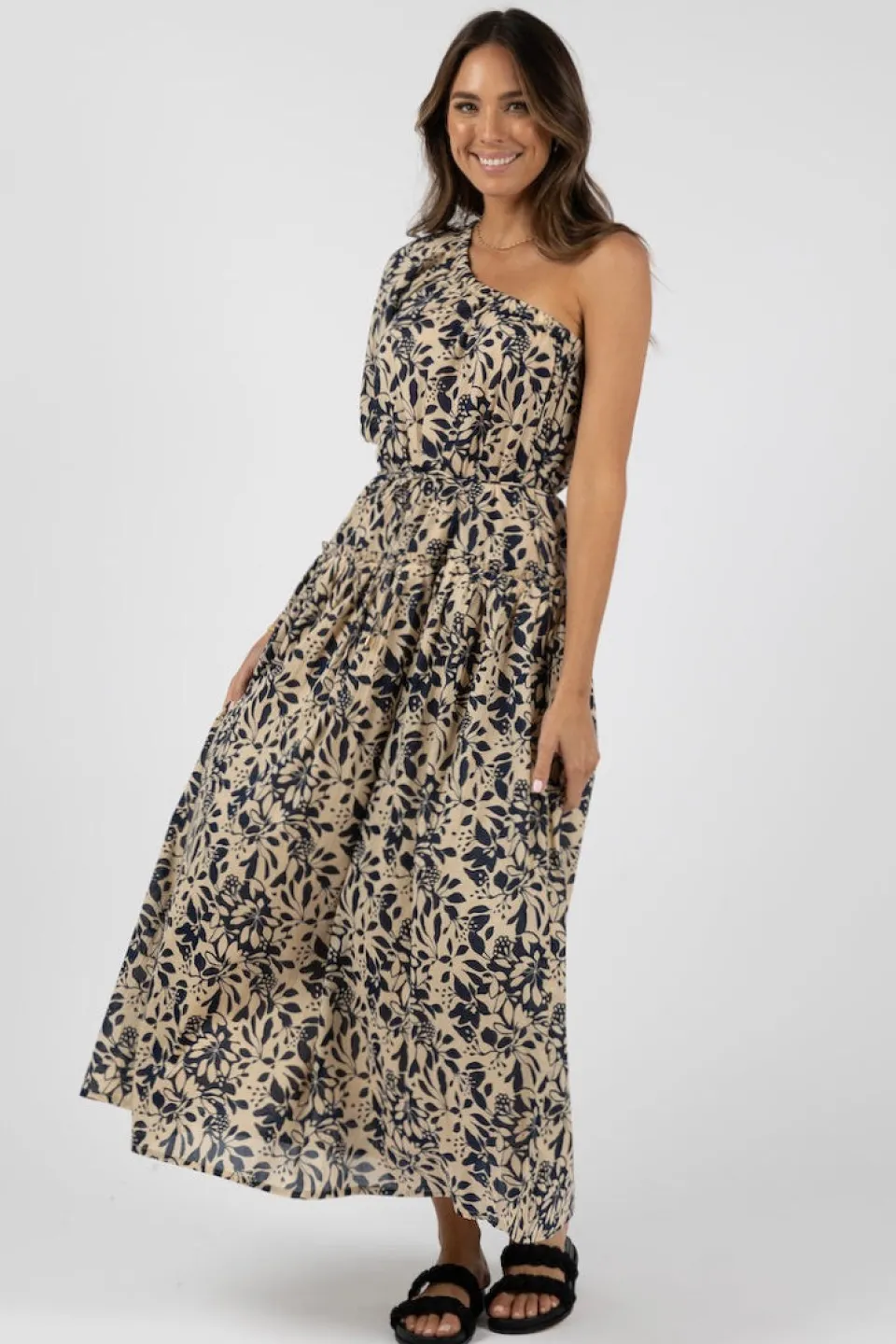 Humidity Lifestyle Eden Navy Print One Shoulder Midi Dress