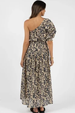 Humidity Lifestyle Eden Navy Print One Shoulder Midi Dress