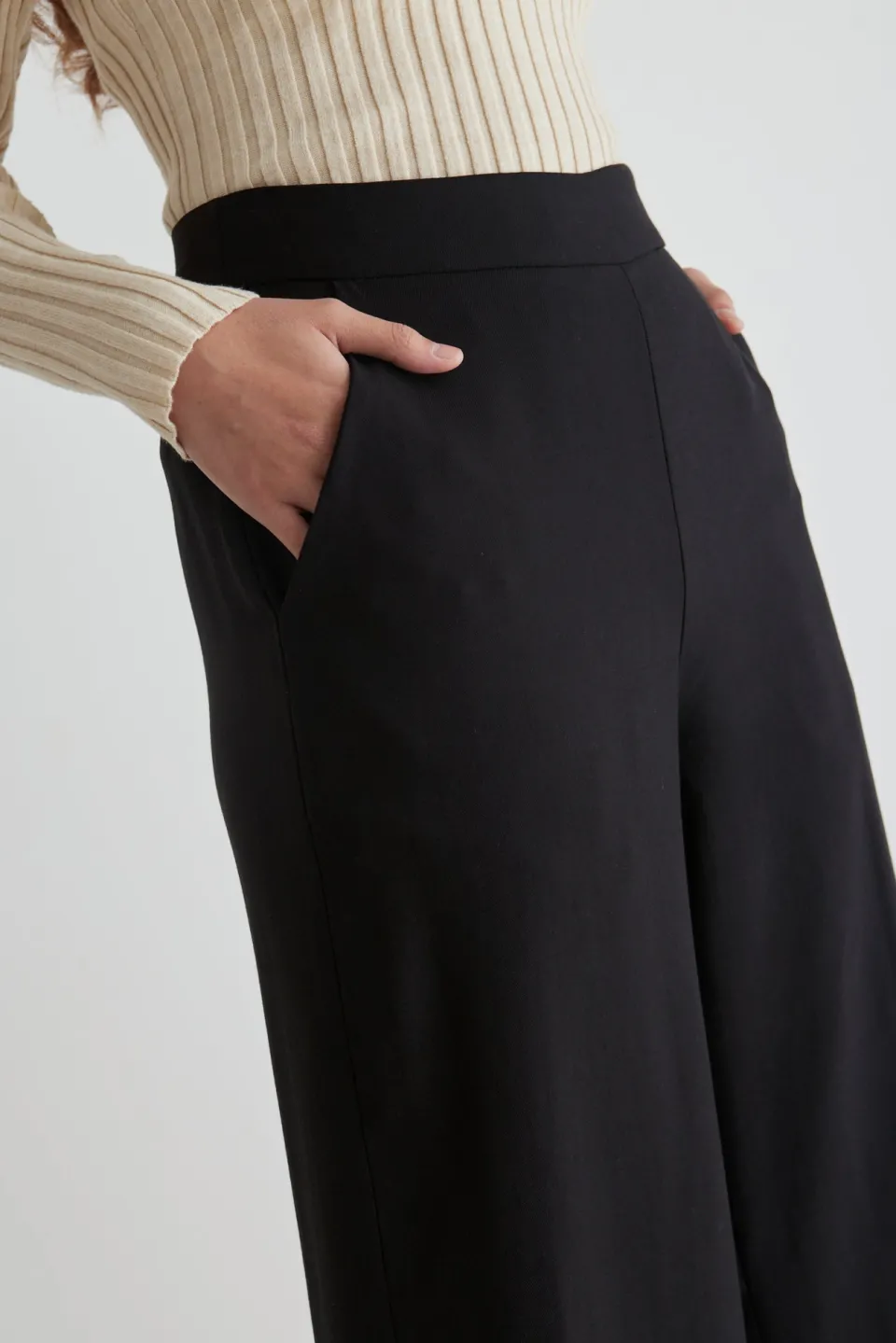 Among the Brave Effortless Black Viscose Deep Band Wide Leg Pant