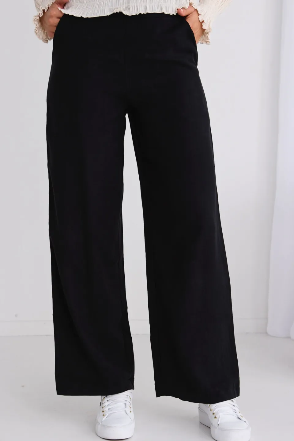 Among the Brave Effortless Black Viscose Deep Band Wide Leg Pant