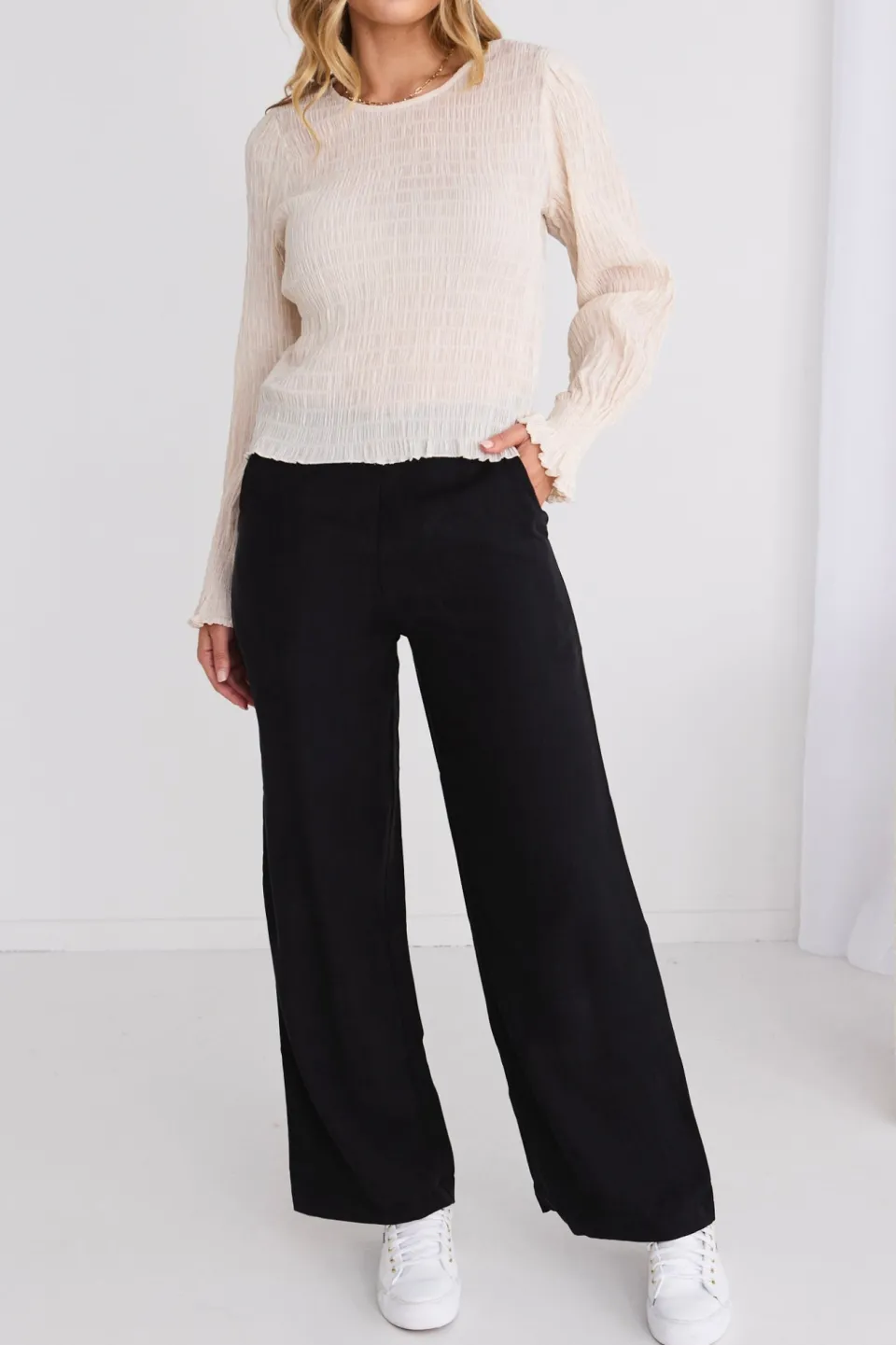 Among the Brave Effortless Black Viscose Deep Band Wide Leg Pant