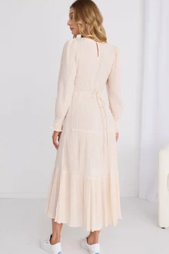 Ivy + Jack Effortless Ecru LS Shirred Tiered Midi Dress