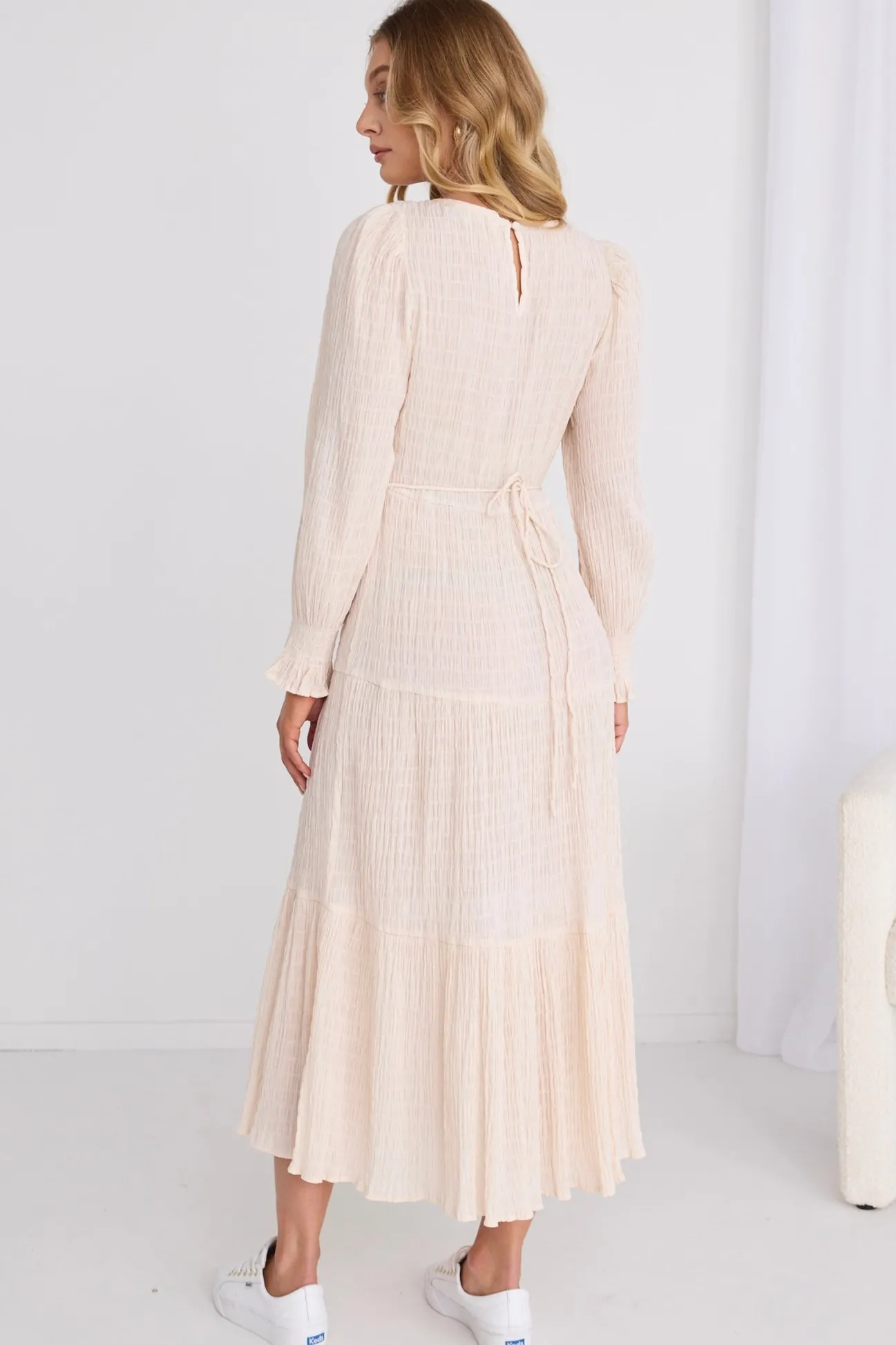 Ivy + Jack Effortless Ecru LS Shirred Tiered Midi Dress