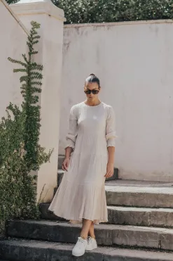 Ivy + Jack Effortless Ecru LS Shirred Tiered Midi Dress