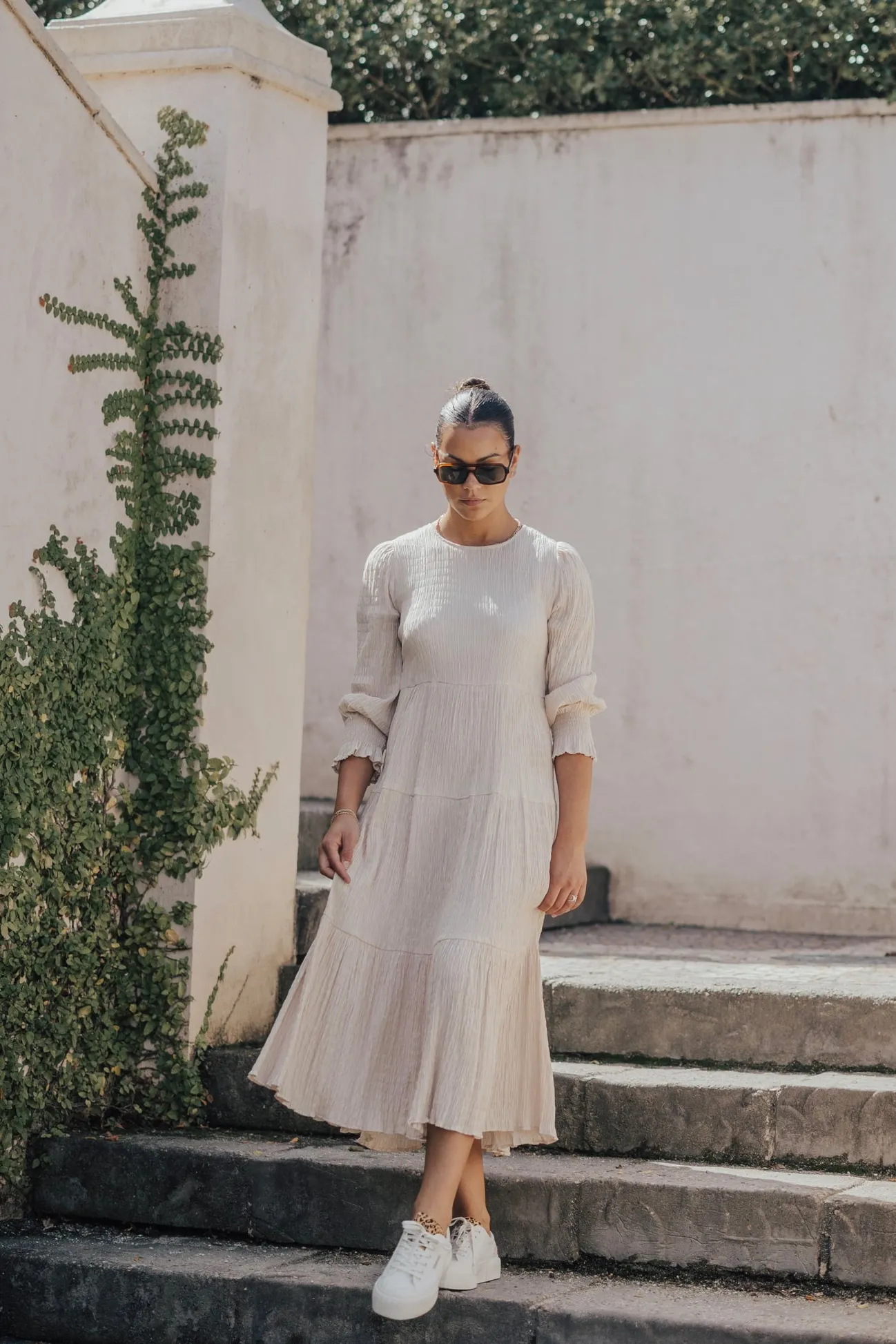 Ivy + Jack Effortless Ecru LS Shirred Tiered Midi Dress