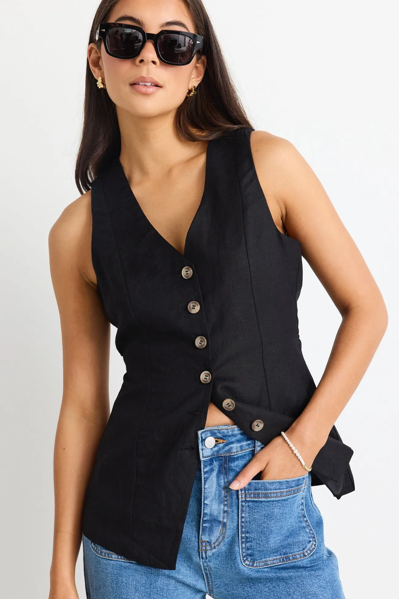 Among the Brave Eiffel Black Linen Viscose Fitted Longline Vest