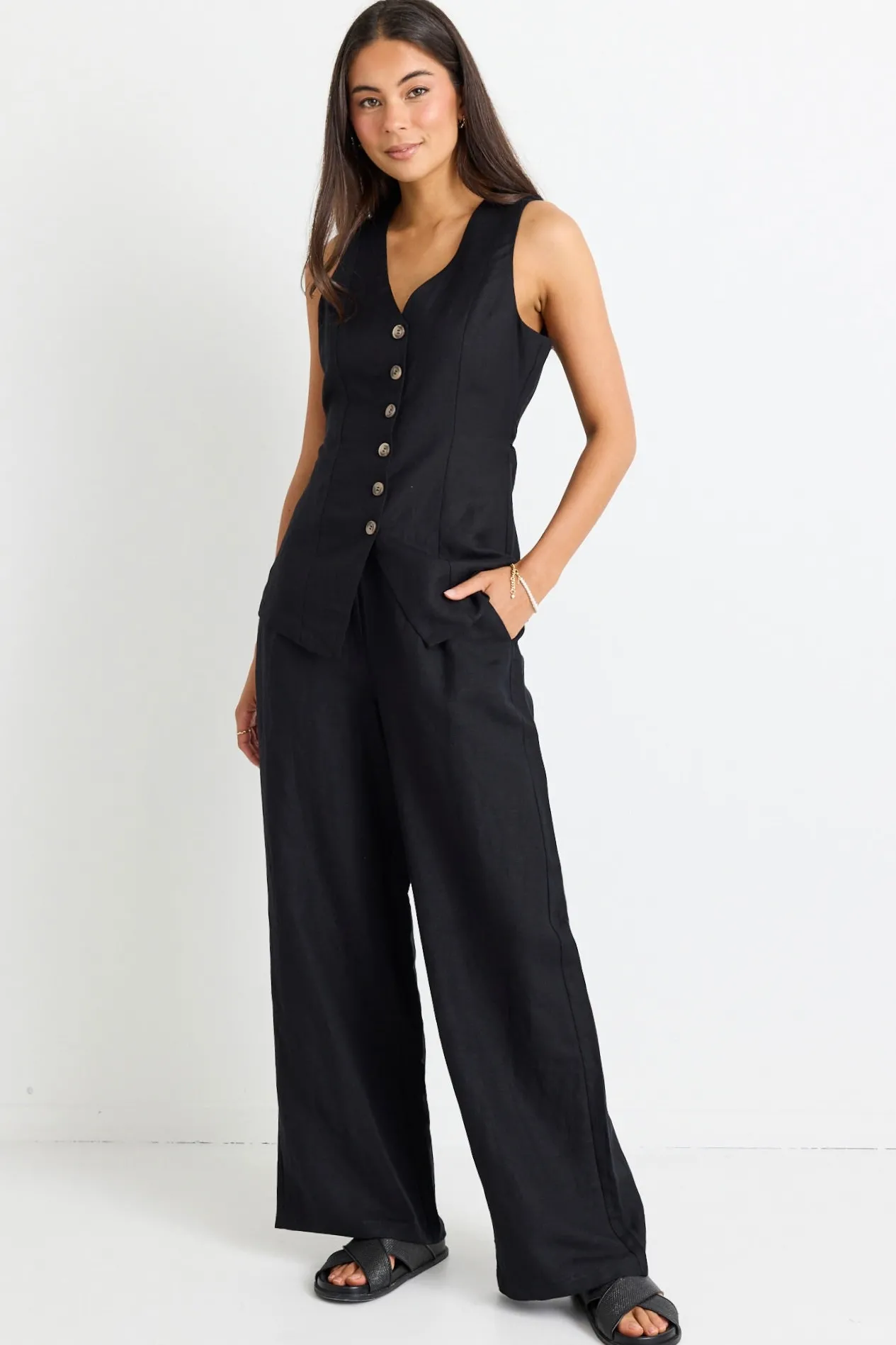 Among the Brave Eiffel Black Linen Viscose Fitted Longline Vest