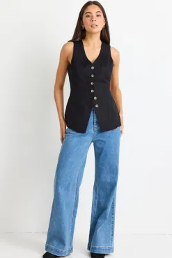 Among the Brave Eiffel Black Linen Viscose Fitted Longline Vest