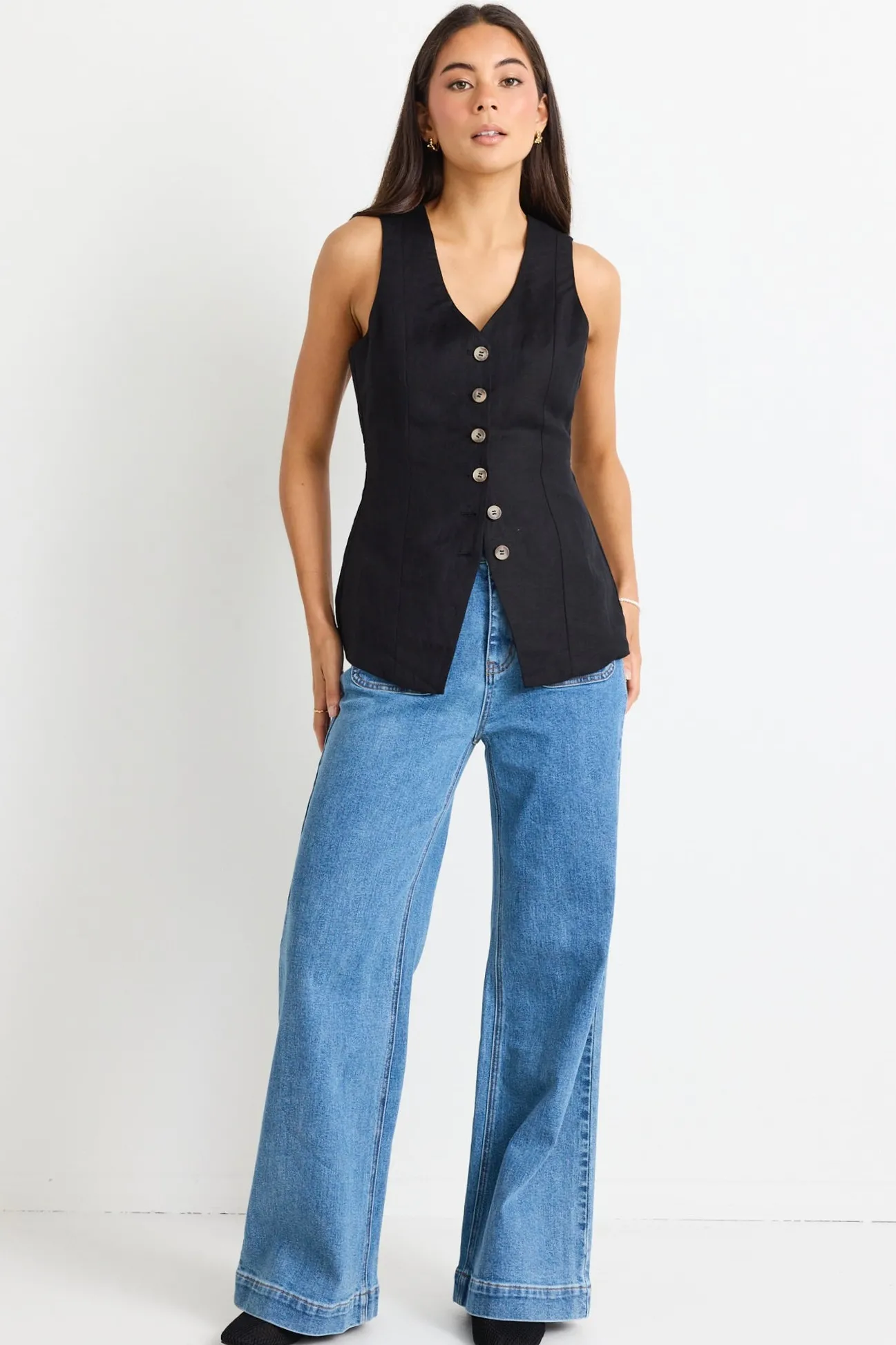 Among the Brave Eiffel Black Linen Viscose Fitted Longline Vest