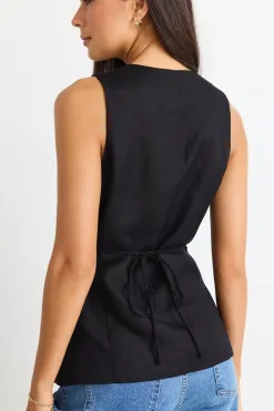 Among the Brave Eiffel Black Linen Viscose Fitted Longline Vest