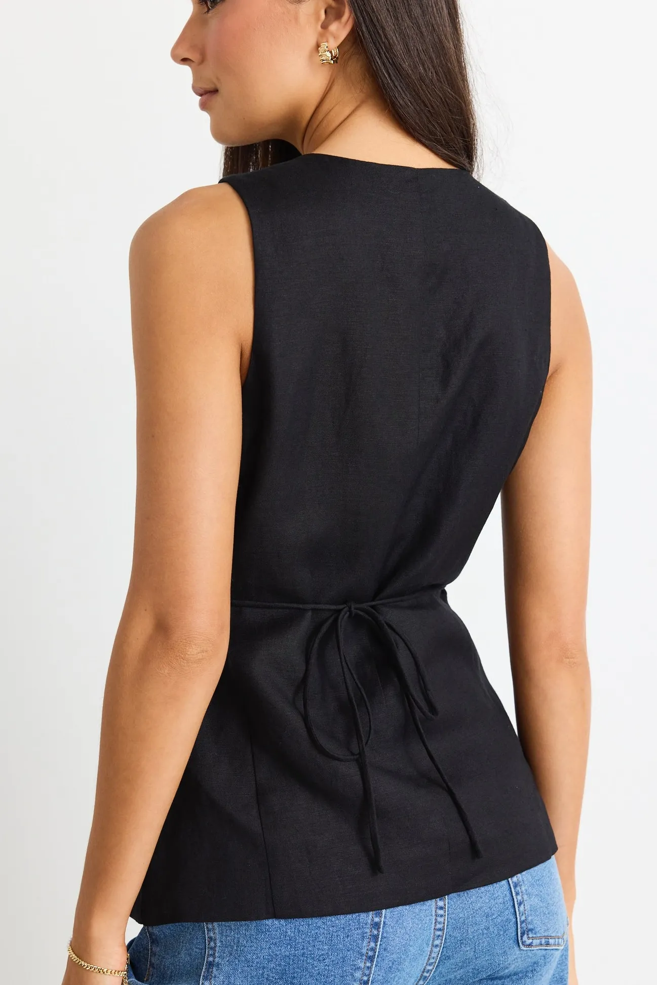Among the Brave Eiffel Black Linen Viscose Fitted Longline Vest