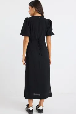Stories be Told Elder Black Short Puff Sleeve Tie Midi Dress