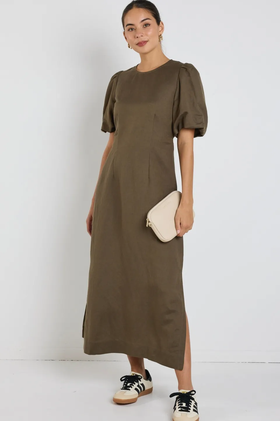 Stories be Told Elder Khaki Linen Blend Puff Sleeve Midi Dress