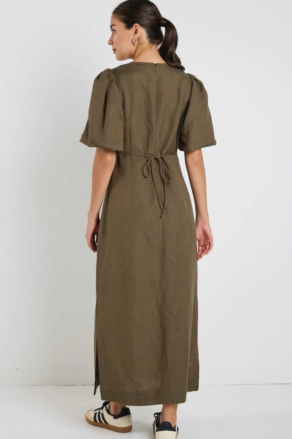 Stories be Told Elder Khaki Linen Blend Puff Sleeve Midi Dress