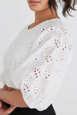 Ivy + Jack Embellish White Broidery Anglaise Cropped Puff Sleeve Top
