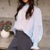 Among the Brave Embrace Ice Blue Ramie Shirred Neck LS Top