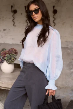 Among the Brave Embrace Ice Blue Ramie Shirred Neck LS Top