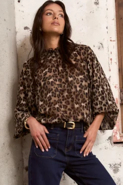 Among the Brave Embrace Leopard Georgette High Neck LS Top