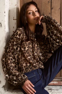 Among the Brave Embrace Leopard Georgette High Neck LS Top