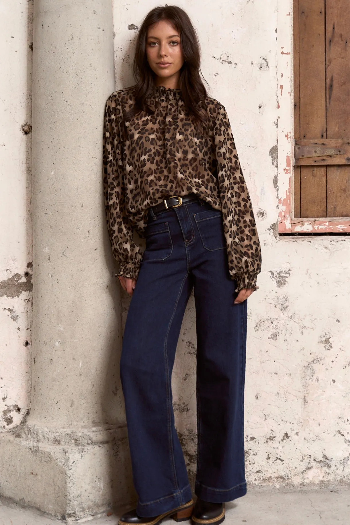 Among the Brave Embrace Leopard Georgette High Neck LS Top