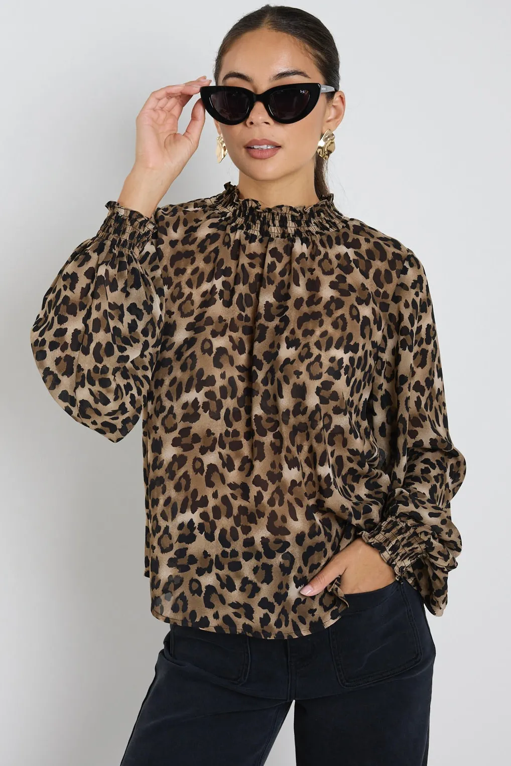 Among the Brave Embrace Leopard Georgette High Neck LS Top