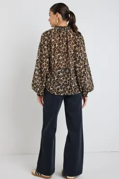 Among the Brave Embrace Leopard Georgette High Neck LS Top