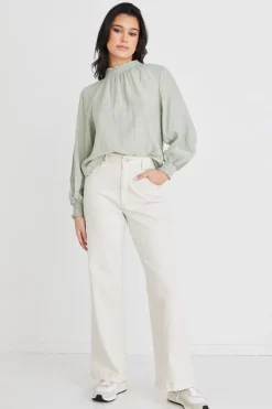 Among the Brave Embrace Sage Crinkle LS High Neck Shirred Puff Sleeve Top