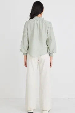 Among the Brave Embrace Sage Crinkle LS High Neck Shirred Puff Sleeve Top
