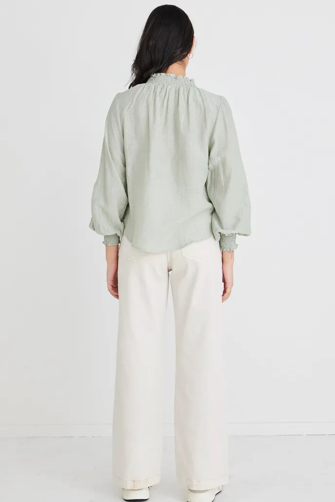 Among the Brave Embrace Sage Crinkle LS High Neck Shirred Puff Sleeve Top
