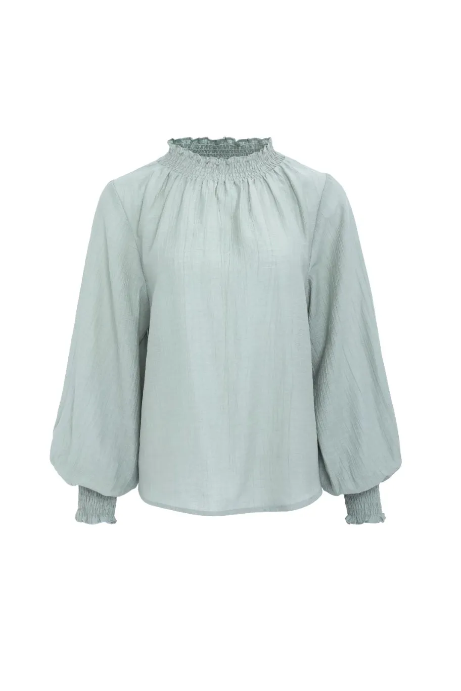 Among the Brave Embrace Sage Crinkle LS High Neck Shirred Puff Sleeve Top