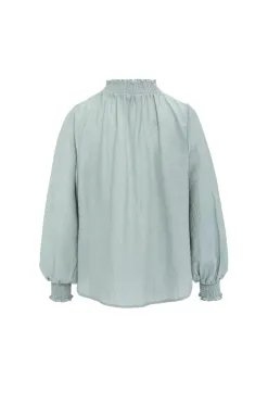 Among the Brave Embrace Sage Crinkle LS High Neck Shirred Puff Sleeve Top