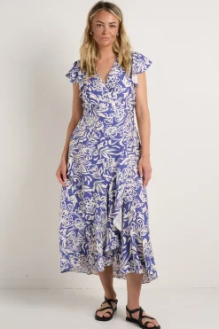 Among the Brave Emphasis Blue Shadow Floral Flutter Sleeve Wrap Midi Dress