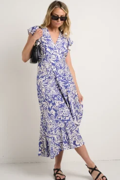 Among the Brave Emphasis Blue Shadow Floral Flutter Sleeve Wrap Midi Dress