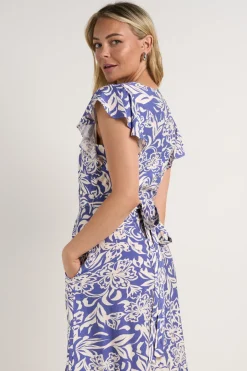 Among the Brave Emphasis Blue Shadow Floral Flutter Sleeve Wrap Midi Dress
