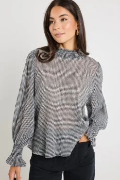 Ivy + Jack Emphatic Black Gingham Shirred Neck Ls Top